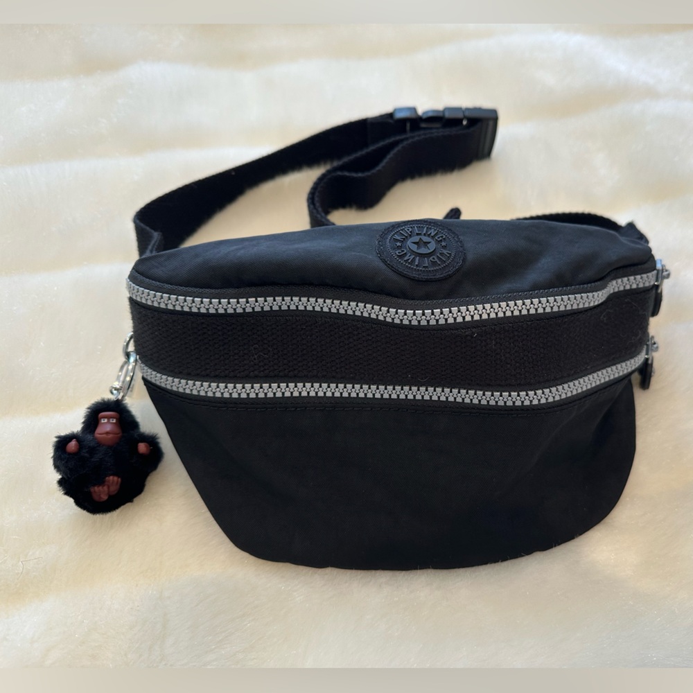Kipling Black Waist Bag with Logo Patch and Monkey Keychain
